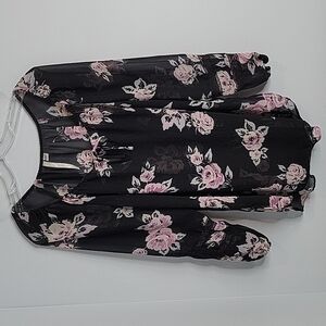 Lauren Conrad Black & Pink Sheer Floral Blouse Lace Trim V-neck with ties Small